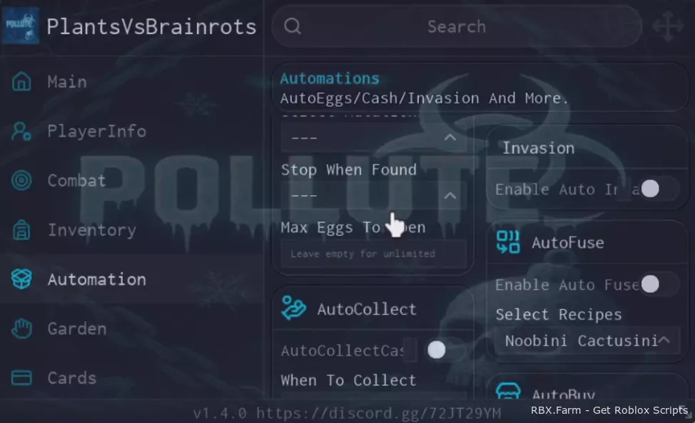 Plants vs Brainrots Script Pollute Hub: Keyless, Auto Collect Cash, Auto Eggs